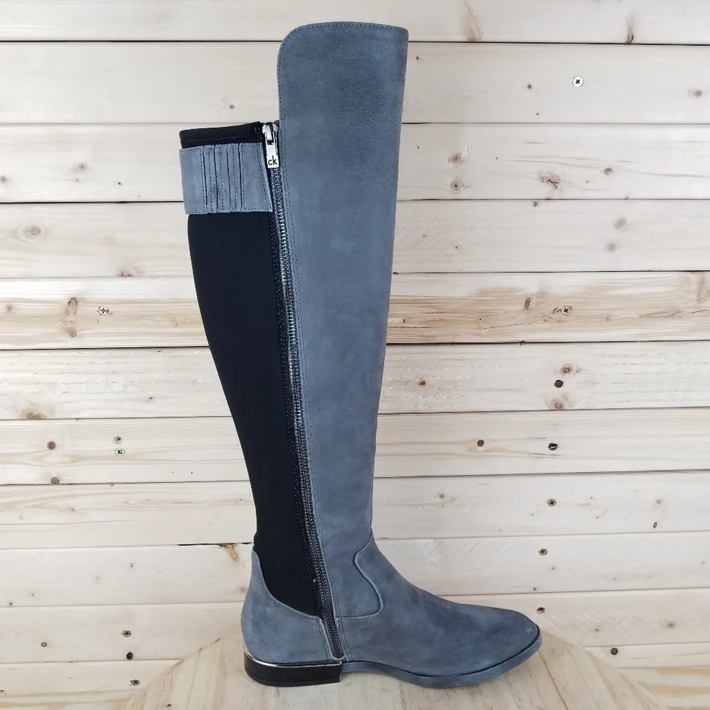 Calvin Klein Priya OTK Size 5.5 US Grey/Black Suede/Leather Over Knee Boots NEW